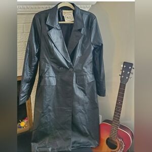 NWT Promesa Black Long Faux Leather Trench Whimsygoth Witchy Grunge Coat Sz L